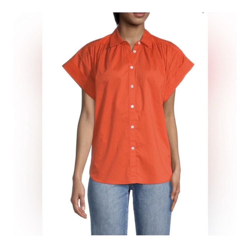 NWT $138 Joie‎ NaroShort Sleeve Orange Button Up Cuff Sleeve 100% Cotton Small